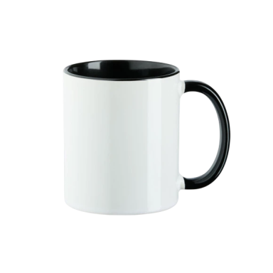 Weißer Kaffeebecher mit schwarzem Innenleben und Griff.