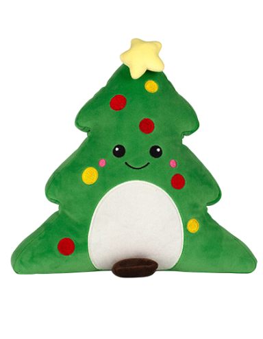 Kuschelweihnachtsbaum aus Plüsch mit lächelndem Gesicht und bunten Dekoren.