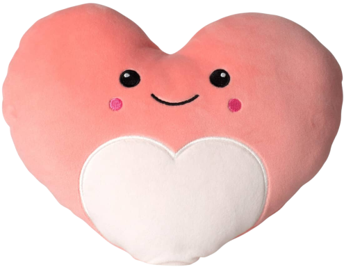 Kuschelherz-Kissen in rosa mit einem lächelnden Gesicht und weißen Herzchen.