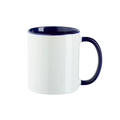 Weißer Becher mit blauer Innenseite und Griff.