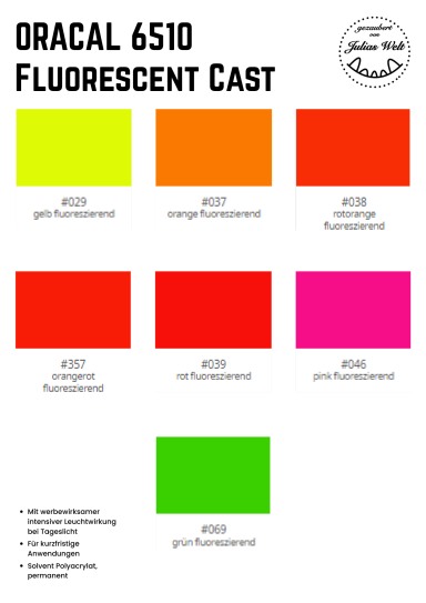 Sechse fluoreszierende Farbfelder in Gelb, Orange, Rot, Pink und Grün.