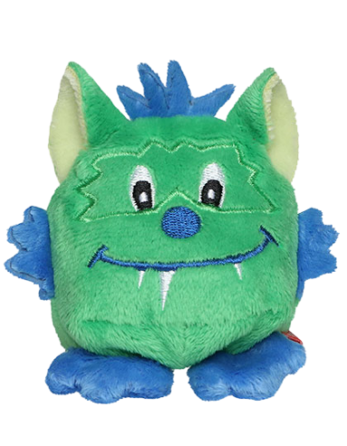 Kuscheliges grünes Monster mit blauen Akzenten und freundlichem Gesicht.