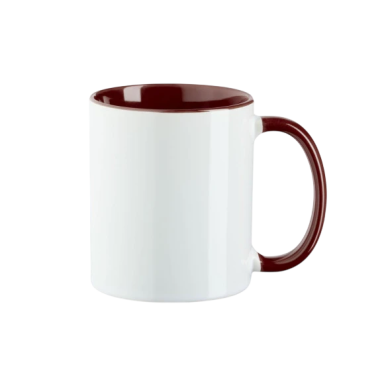 Tasse mit rotem Henkel und Rand, weißem Körper.