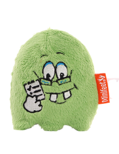 Grünes Kuscheltier mit freundlichem Gesicht und Brille, hält einen Zettel in der Hand.