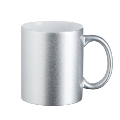 Silberner Kaffeebecher mit glatter Oberfläche und einem Henkel.