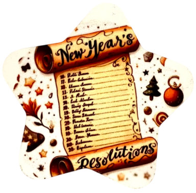 Neujahrsvorsätze auf einer geschmückten Liste mit festlichen Motiven.