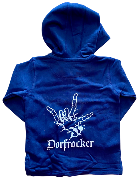 Blaues Sweatshirt mit Kapuze und rockiger Handgeste auf dem Rücken.
