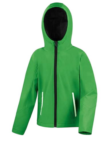 Grüne Jacke mit Kapuze und Reißverschluss, seitlichen Taschen.