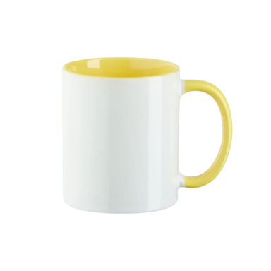 Weißer Becher mit gelbem Innenrand und Henkel.