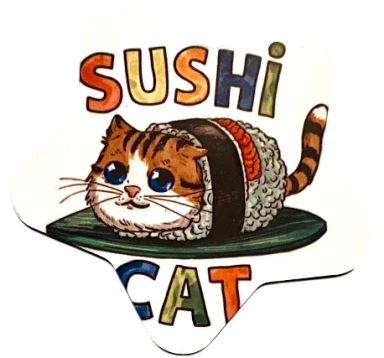 Katzengesicht in Sushi-Design mit bunten Buchstaben "Sushi Cat".