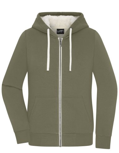 Olivegrüner Kapuzenpullover mit Reißverschluss und Innenschicht aus flauschigem Material.