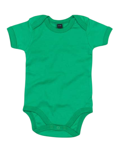 Grüner Babybody mit kurzen Ärmeln und Rundhalsausschnitt.