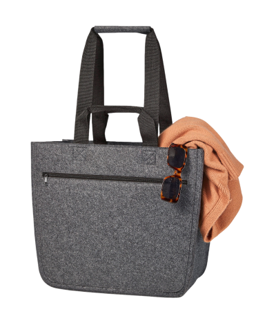 Grau gestreifte Tragetasche mit schwarzen Trägern und orangefarbener Decke.