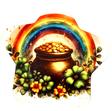 Topf mit Goldmünzen, umgeben von Blumen, unter einem Regenbogen.