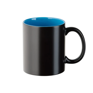 Schwarze Tasse mit blauer Innenseite und einem stabilen Henkel.