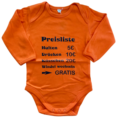 Oranges Babybody mit Preisliste.