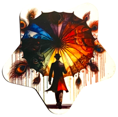 Eine silhouette einer Person mit einem bunten Regenschirm vor kreativen, farbigen Mustern.