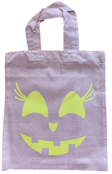 Lila Tasche mit grinsendem, leuchtend gelbem Gesichtsdesign.
