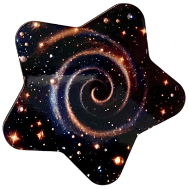 Sternförmige Figur mit spiralförmigem Galaxiemuster auf dunklem Hintergrund.