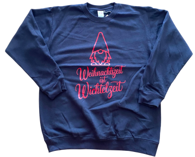 Dunkelblaues Sweatshirt mit rotem Druck eines aufmerksamen Auges und Schriftzug.