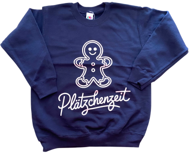 Dunkelblauer Pullover mit Lebkuchenmann-Design und der Aufschrift "Plätzchenzeit".