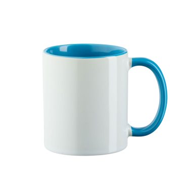 Weißer Becher mit blauer Innenseite und Henkel.