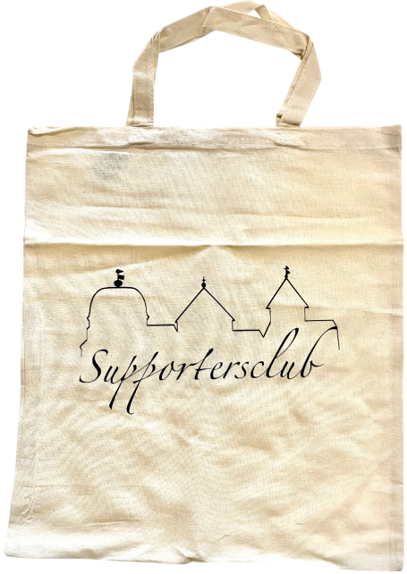 Beige Tragetasche mit dem Schriftzug "Supportersclub" und stilisierten Gebäuden.
