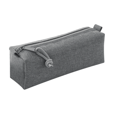 Graueseilige Federtasche mit Reißverschluss und rundem Kordelzug.