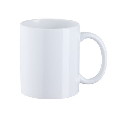 Weißer Kaffeebecher mit Henkel, ohne Aufdruck oder Dekor.