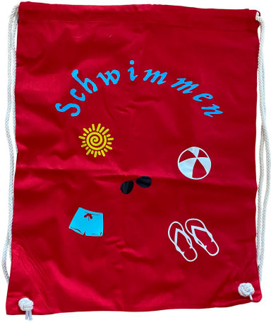 "Schwimmen Badehose" Roter Schwimmbeutel mit Sonne, Badetuch, Ball und Flip-Flops.
