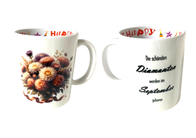 Tasse mit bunten Pilzen und dem Schriftzug "Die schönsten Diamanten werden im September geboren".