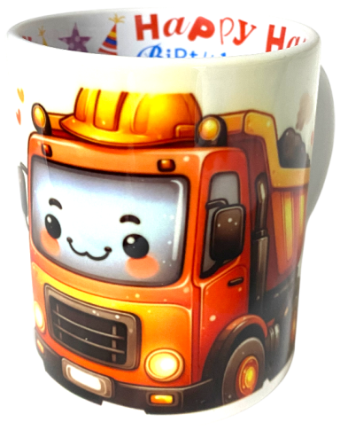 Bunte Tasse mit lächelndem Baufahrzeug-Motiv.