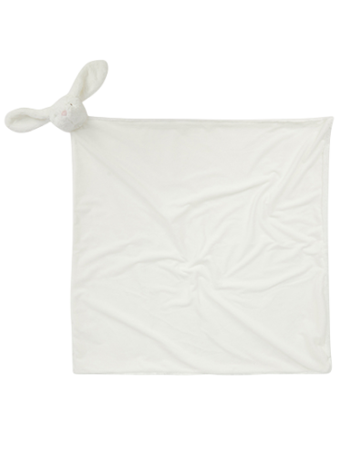 Weißes Kuscheltuch mit einem kleinen Hasenohren-Design in der Ecke.