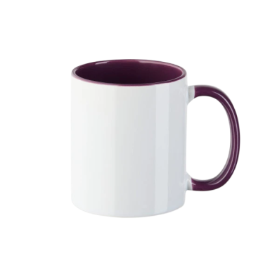 Tasse mit weißer Außenseite und lila Innenseite sowie einem lila Griff.