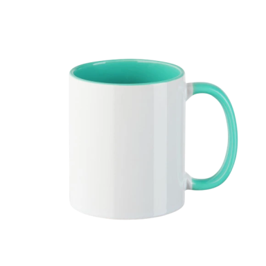 Weißer Kaffeebecher mit türkisfarbener Innenseite und Henkel.