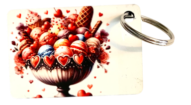 Schüssel mit bunten Eiskugeln und Herz-Motiven, dekoriert mit Waffeln.