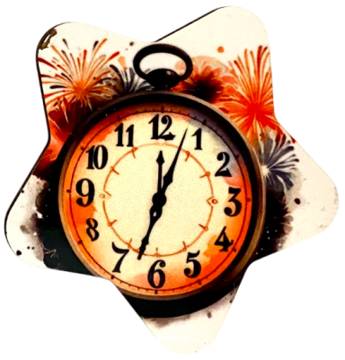 Eine geschmückte Uhr mit Feuerwerksmotiven, die Mitternacht anzeigt.