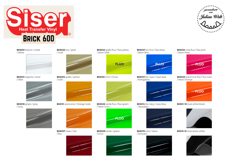 SISER Brick 600 Farbpalette von Siser Brick 400 mit verschiedenen Farbproben und Bezeichnungen.
