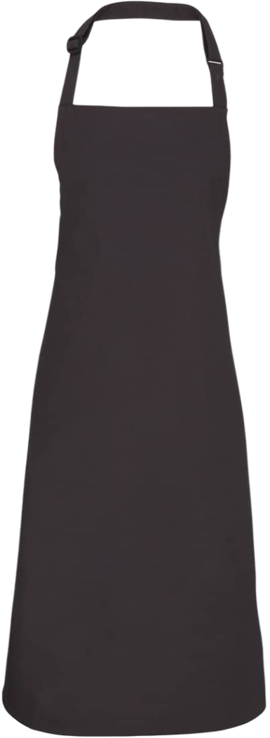 Schwarze Kochschürze mit verstellbarem Halsband und langer Länge.