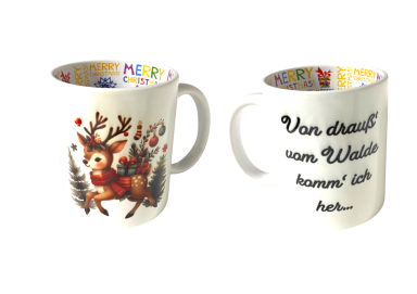 Tasse mit einem Reh-Design und buntem Innenmuster, beschriftet mit „Von drauß' vom Walde komm' ich her...“.