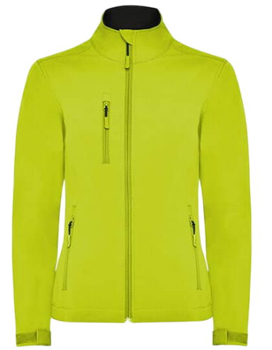 Helle grüne Jacke mit Stehkragen und mehreren Reißverschlusstaschen.