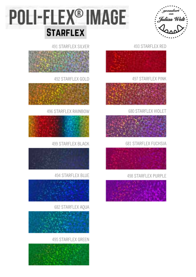 Farbdarstellung von Poli-Flex Starflex, einschließlich glitzernder und glänzender Muster.