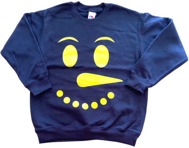 Dunkelblauer Pullover mit gelbem Smiley-Gesicht und langen Zähnen.