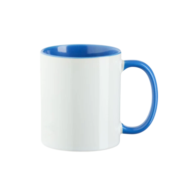 Weißer Kaffeebecher mit blauem Griff und Innenfarbe.