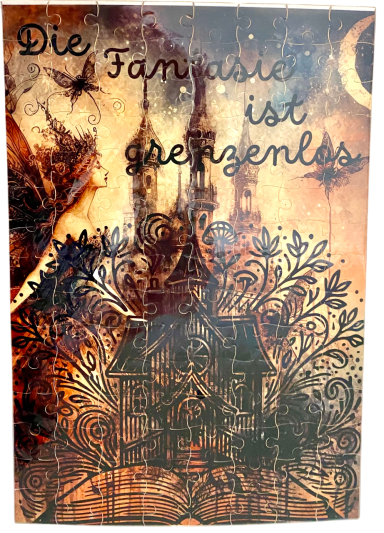 Fantastische Landschaft mit Schriftzug „Die Fantasie ist grenzenlos“.