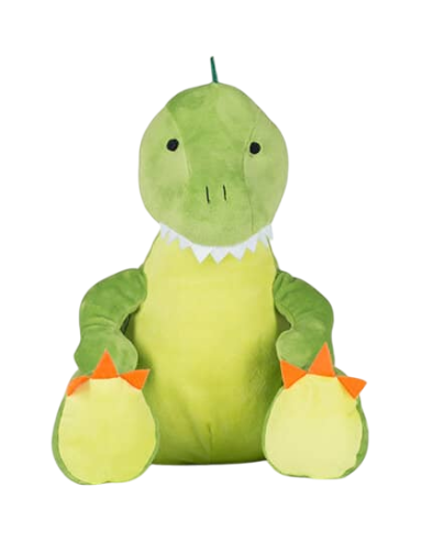 Grünes Plüschdinosaurier mit orangefarbenen Schwanzspitzen und einem freundlichen Gesicht.
