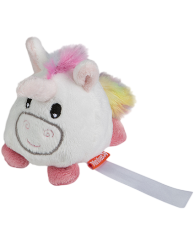 Plüsch-Einhorn mit buntem Mähnen und fröhlichem Gesicht.