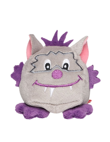 Graues, rundes Stofftier mit lila Akzenten und freundlichem Gesicht.