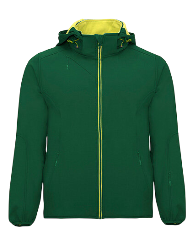 Grüne Jacke mit gelbem Innenfutter und Kapuze, Reißverschluss vorne.