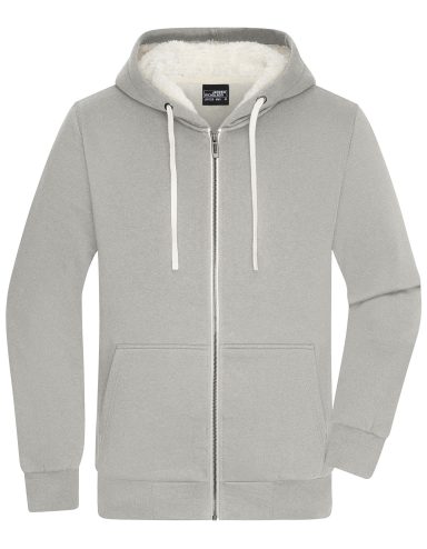 Grauer Hoodie mit Reißverschluss und Kapuze, gefüttert mit einem weichen Material.